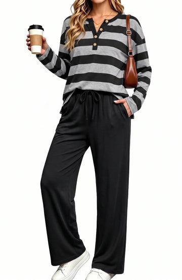 UVN Two Piece Outfits Sets for Women Casual Color Block Striped Sweatsuits Long Sleeve V Neck Button Henley Shirts Wide Leg Pants Tracksuits Travel Lounge Matching Sets with Pockets
