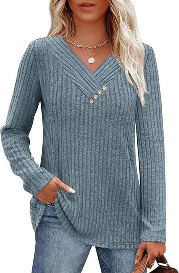 UVN V Neck Blouses for Women Button Long Sleeve Shirts Dressy Casual Fall Sweaters Tunic Tops