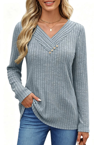 UVN V Neck Blouses for Women Button Long Sleeve Shirts Dressy Casual Fall Sweaters Tunic Tops