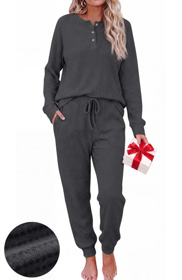 UVN Pajama Sets for Women Waffle Knit Lounge Sets Long Sleeve Henley Shirts and Long Pants Sleepwear 2 Piece Pjs Soft Comfy Loungewear with Pockets