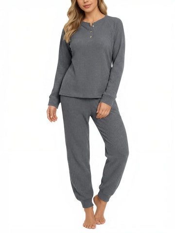 UVN Pajama Sets for Women Waffle Knit Lounge Sets Long Sleeve Henley Shirts and Long Pants Sleepwear 2 Piece Pjs Soft Comfy Loungewear with Pockets