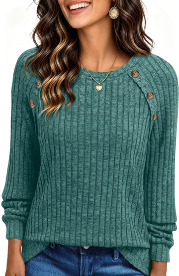 UVN Blouses for Women Long Sleeve Buttons Shirts Dressy Crew Neck Tunic Tops Fall Casual Lightweight Sweaters