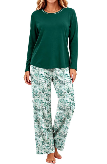 UVN Women Pajamas Sets Long Sleeve 2 Piece Lounge Set Casual Crewneck Sleepwear Tops and Long Printed Pants Soft Pjs Outfits with Pockets