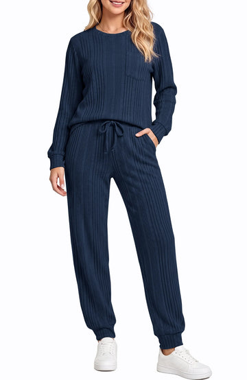 UVN Two Piece Sets for Women Casual Outfits Sets Textured Long Sleeve Shirts and Long Pants Lounge Set Fall Pajama Sets with Pockets