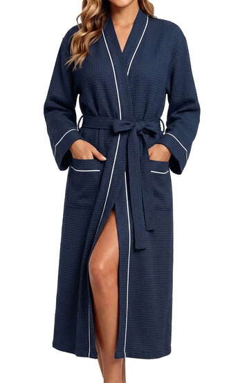 UVN Long Robes for Women Long Sleeve Kimono Bathrobe Waffle Knit Wrap Robe Soft Cozy Lightweight Sleepwear Nightgown with Pockets