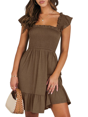 UVN Summer Dresses for Women Casual Sleeveless Square Neck Midi Dress Ruffle Backless Swing Flowy Tiered Dress