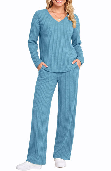 UVN Outfit Sets for Women Two Piece Sets Winter Casual Long Sleeve Tops and Long Pants Lounge Sets Ribbed Knit Pajama Sets with Pockets