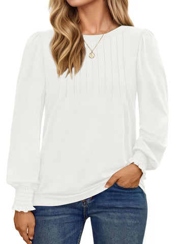UVN Plus Size Tops for Women Pleated Long Sleeve Shirts Dressy Casual Crewneck Fall Blouses