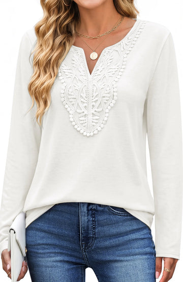 UVN Lace Blouses for Women V Neck Long Sleeve Shirts Fall Trendy Casual Tunic Tops