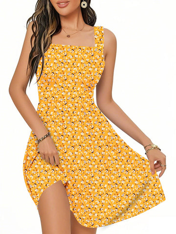 UVN Summer Dresses for Women Sleeveless Square Neck Midi Dress Boho Floral Print Beach Sundress with Pockets