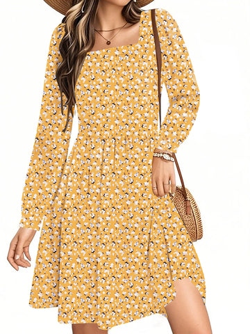 UVN Dresses for Women Fall Long Sleeve Square Neck Dress Boho Floral Print Midi Dresses with Pockets