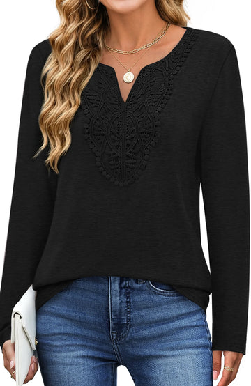 UVN Lace Blouses for Women V Neck Long Sleeve Shirts Fall Trendy Casual Tunic Tops
