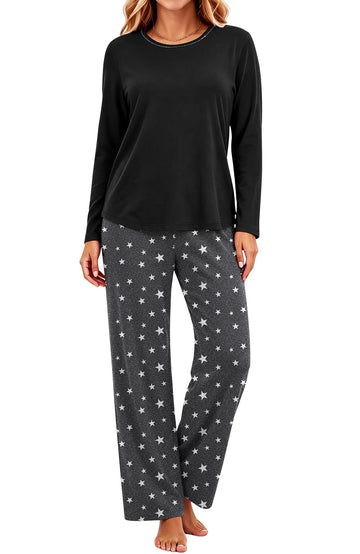 UVN Women Pajamas Sets Long Sleeve 2 Piece Lounge Set Casual Crewneck Sleepwear Tops and Long Printed Pants Soft Pjs Outfits with Pockets