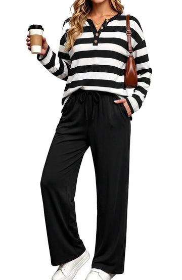 UVN Two Piece Outfits Sets for Women Casual Color Block Striped Sweatsuits Long Sleeve V Neck Button Henley Shirts Wide Leg Pants Tracksuits Travel Lounge Matching Sets with Pockets