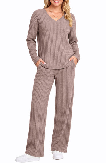 UVN Outfit Sets for Women Two Piece Sets Winter Casual Long Sleeve Tops and Long Pants Lounge Sets Ribbed Knit Pajama Sets with Pockets