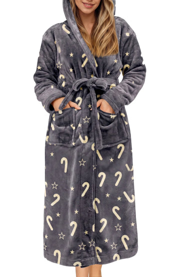 UVN Long Robes for Women Winter Plush Fleece Hooded Bathrobe Soft Cozy Fluffy Sleepwear Nightgown with Pockets