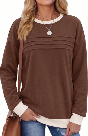 UVN Sweatshirts for Women Casual Long Sleeve Shirts Loose Fit Pleated Front Crewneck Tunic Tops