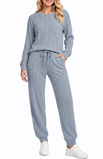 UVN Two Piece Sets for Women Casual Outfits Sets Textured Long Sleeve Shirts and Long Pants Lounge Set Fall Pajama Sets with Pockets