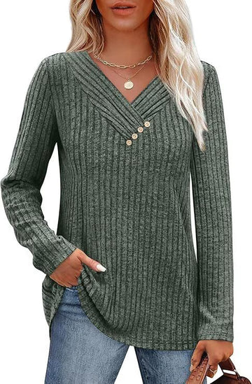 UVN V Neck Blouses for Women Button Long Sleeve Shirts Dressy Casual Fall Sweaters Tunic Tops
