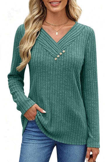UVN V Neck Blouses for Women Button Long Sleeve Shirts Dressy Casual Fall Sweaters Tunic Tops