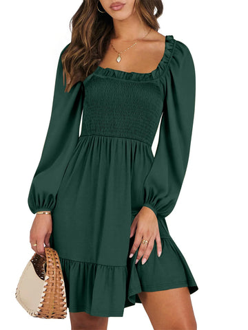UVN Dresses for Women Casual Long Sleeve Square Neck Dress Ruffle Pleated Flowy Midi Dress
