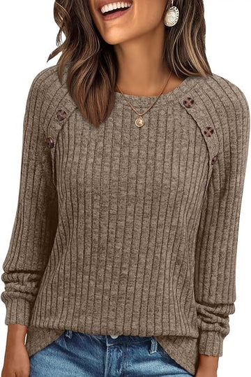 UVN Blouses for Women Long Sleeve Buttons Shirts Dressy Crew Neck Tunic Tops Fall Casual Lightweight Sweaters