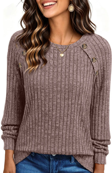 UVN Blouses for Women Long Sleeve Buttons Shirts Dressy Crew Neck Tunic Tops Fall Casual Lightweight Sweaters