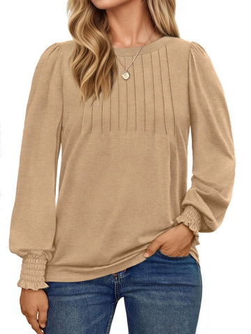 UVN Plus Size Tops for Women Pleated Long Sleeve Shirts Dressy Casual Crewneck Fall Blouses