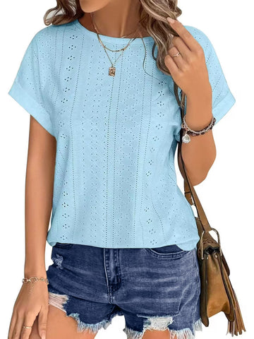 UVN T Shirts for Women Summer Short Sleeve Eyelet Tops Dressy Casual Crewneck Blouses