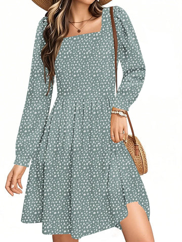 UVN Dresses for Women Fall Long Sleeve Square Neck Dress Boho Floral Print Midi Dresses with Pockets