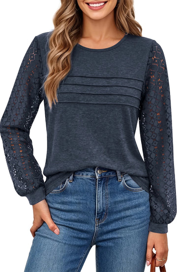 UVN Blouses for Women Dressy Lace Pleated Tunic Tops Casual Long Sleeve Fall Shirts