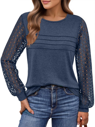 UVN Blouses for Women Dressy Lace Pleated Tunic Tops Casual Long Sleeve Fall Shirts