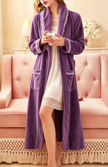 UVN Robes for Women Lace Long Sleeve Kimono Bathrobe Winter Fleece Wrap Long Robe Soft Warm Sleepwear with Pockets