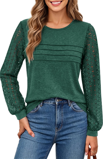 UVN Blouses for Women Dressy Lace Pleated Tunic Tops Casual Long Sleeve Fall Shirts