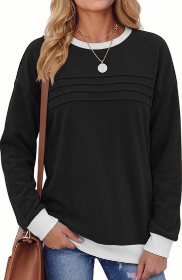 UVN Sweatshirts for Women Casual Long Sleeve Shirts Loose Fit Pleated Front Crewneck Tunic Tops