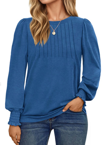 UVN Plus Size Tops for Women Pleated Long Sleeve Shirts Dressy Casual Crewneck Fall Blouses