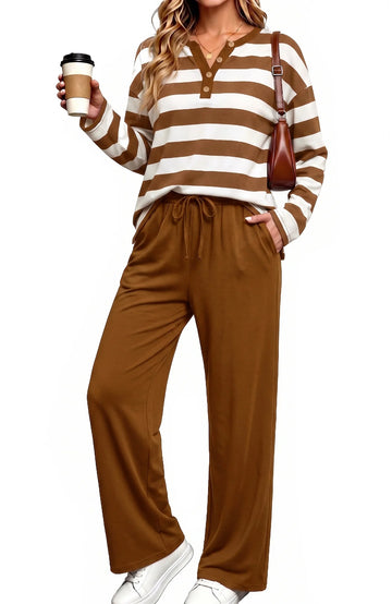 UVN Two Piece Outfits Sets for Women Casual Color Block Striped Sweatsuits Long Sleeve V Neck Button Henley Shirts Wide Leg Pants Tracksuits Travel Lounge Matching Sets with Pockets