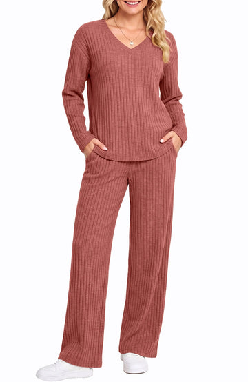 UVN Outfit Sets for Women Two Piece Sets Winter Casual Long Sleeve Tops and Long Pants Lounge Sets Ribbed Knit Pajama Sets with Pockets