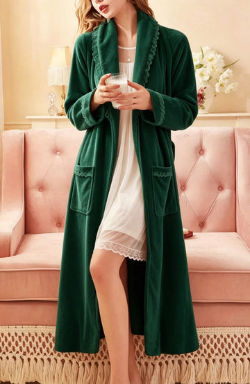 UVN Robes for Women Lace Long Sleeve Kimono Bathrobe Winter Fleece Wrap Long Robe Soft Warm Sleepwear with Pockets
