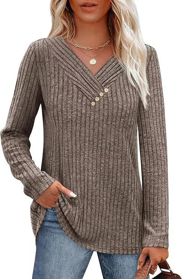 UVN V Neck Blouses for Women Button Long Sleeve Shirts Dressy Casual Fall Sweaters Tunic Tops