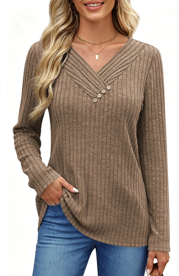UVN V Neck Blouses for Women Button Long Sleeve Shirts Dressy Casual Fall Sweaters Tunic Tops