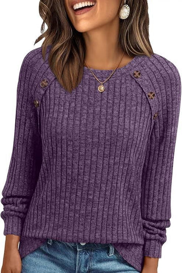 UVN Blouses for Women Long Sleeve Buttons Shirts Dressy Crew Neck Tunic Tops Fall Casual Lightweight Sweaters