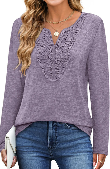 UVN Lace Blouses for Women V Neck Long Sleeve Shirts Fall Trendy Casual Tunic Tops