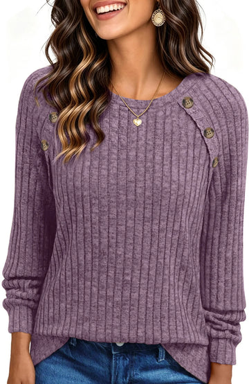 UVN Blouses for Women Long Sleeve Buttons Shirts Dressy Crew Neck Tunic Tops Fall Casual Lightweight Sweaters