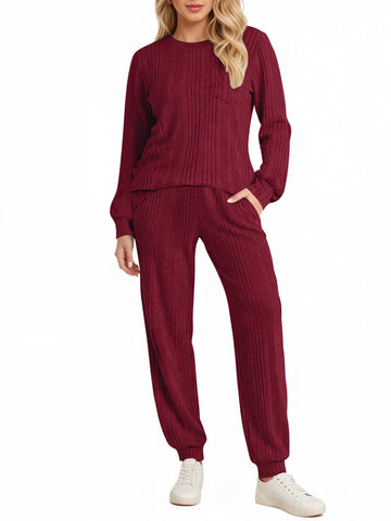 UVN Two Piece Sets for Women Casual Outfits Sets Textured Long Sleeve Shirts and Long Pants Lounge Set Fall Pajama Sets with Pockets