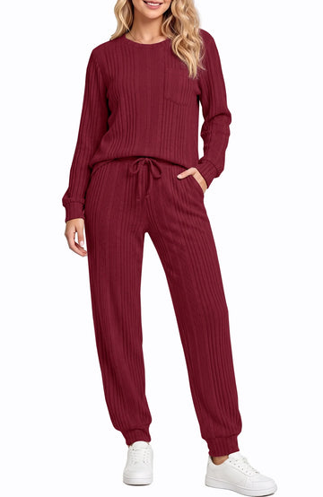 UVN Two Piece Sets for Women Casual Outfits Sets Textured Long Sleeve Shirts and Long Pants Lounge Set Fall Pajama Sets with Pockets