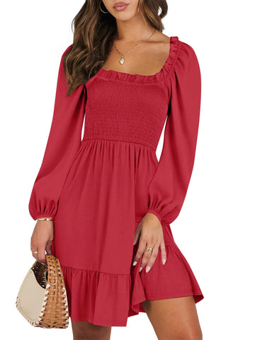 UVN Dresses for Women Casual Long Sleeve Square Neck Dress Ruffle Pleated Flowy Midi Dress