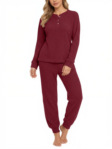 UVN Pajama Sets for Women Waffle Knit Lounge Sets Long Sleeve Henley Shirts and Long Pants Sleepwear 2 Piece Pjs Soft Comfy Loungewear with Pockets
