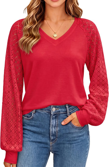 UVN Blouses for Women Dressy Lace Long Sleeve Shirts Fall Casual V Neck Tunic Tops