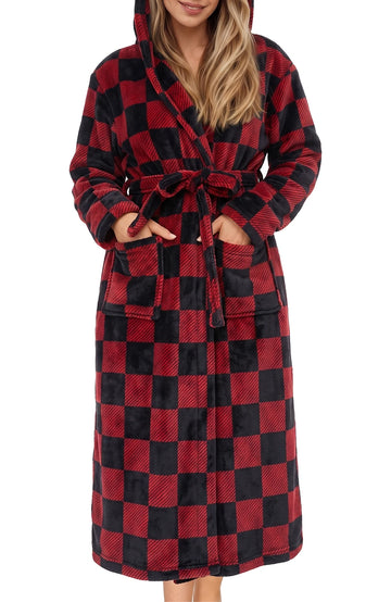 UVN Long Robes for Women Winter Plush Fleece Hooded Bathrobe Soft Cozy Fluffy Sleepwear Nightgown with Pockets